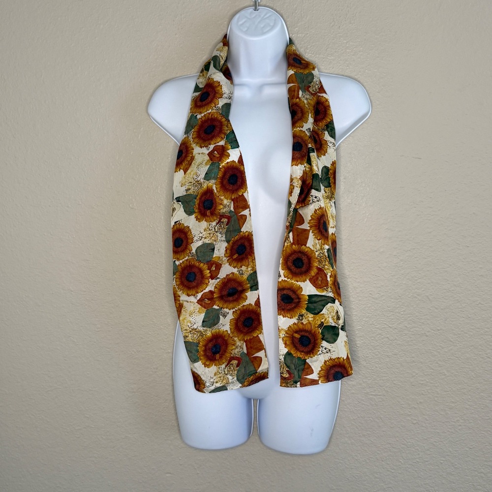 Vintage Silk Sunflower Scarf 54x11 Boho Festival Cottage Country Rustic Dopamine
